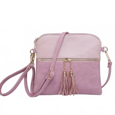 Jen & Co. Two Tone Crossbody Wristlet Front Zip Pocket Tassels In Pink In Purple