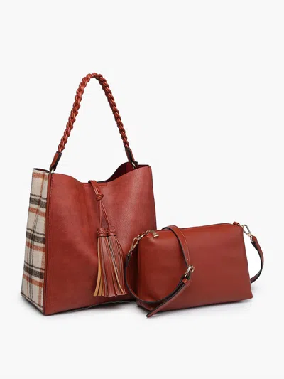 Jen & Co. Women's Dina Plaid Contrast Tote With Tassel And Removable Crossbody Pouch In Rust/cream In Brown