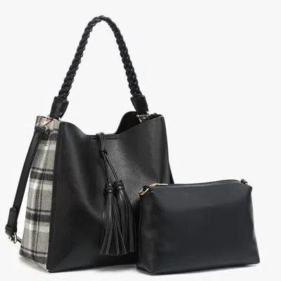 Jen & Co. Women's Dina Plaid Contrast Tote With Tassel And Removable Pouch In Black /grey In Multi