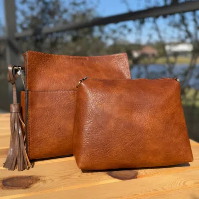 Jen & Co. Women's Lyla Bucket Bag With Unique Guitar Strap In Camel + Coffee In Multi