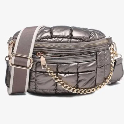 Jen & Co. Women's Mabel Quilted Nylon Belt Bag With Guitar Strap In Metallic Pewter In Grey