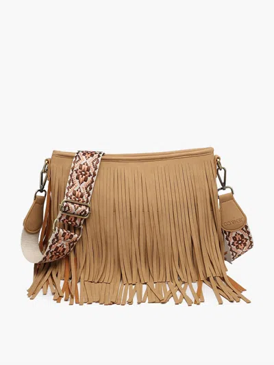 Jen & Co. Women's Sadie Suede Fringe Crossbody Bag With Guitar Strap In Tan In Beige