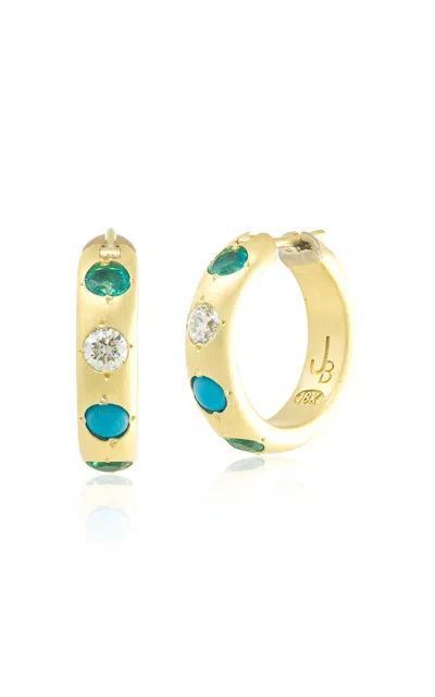Jenna Blake 18k Yellow Gold Diamond; Emerald And Turquoise Hoop Earrings