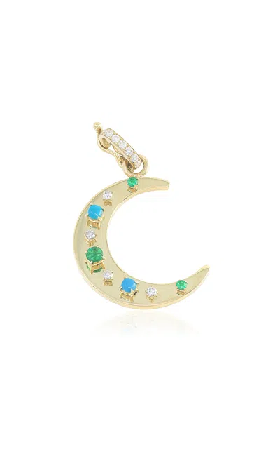 Jenna Blake Mini Flat 18k Yellow Gold Turquoise; Emerald; And Diamond Crescent Charm