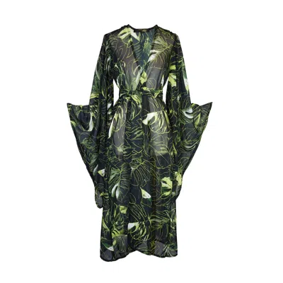 Jennafer Grace Women's Green / Black Mallorca Palms Noir Kimono
