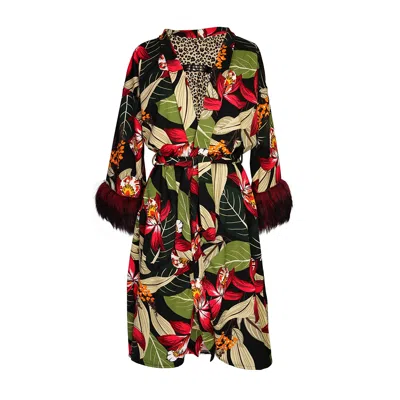 Jennafer Grace Women's Green / Black / Red Jardin Nuit  Faux Fur Koi Kimono In Green/black/red