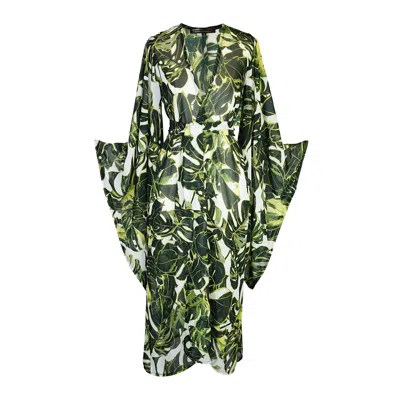 Jennafer Grace Women's Green / White Mallorca Palms Blanc Kimono