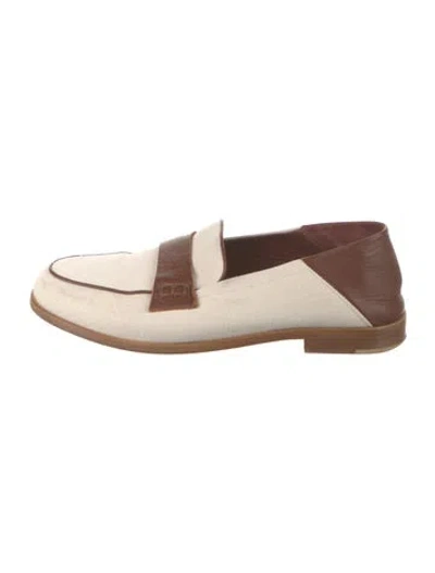 Pre-owned Jenni Kayne Canvas Leather Trim Embellishment Loafers In Brown/neutrals
