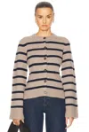 Jenni Kayne Cooper Wool Blend Crewneck Cardigan Sweater In Taupe & Navy Stripe