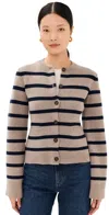 Jenni Kayne Cooper Wool Blend Crewneck Cardigan Sweater In Taupe/navy Stripe