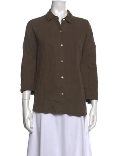 Pre-owned Jenni Kayne Linen Three-quarter Sleeve Button-up Top In Green