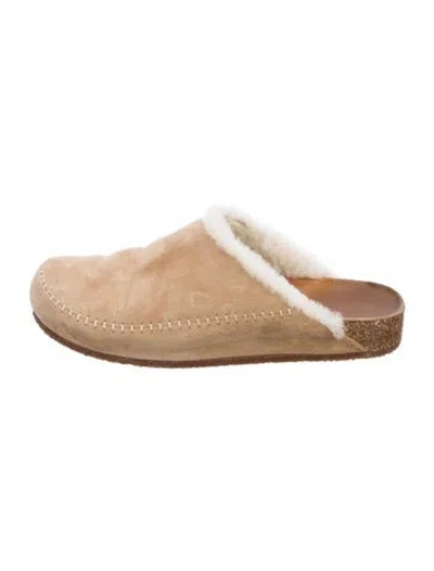 Pre-owned Jenni Kayne Suede Fur Trim Slides In Neutral