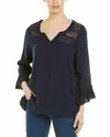 Jennifer & Grace Boho Blouse Top Lace Front And Back Blouse In Navy Blue In Blue