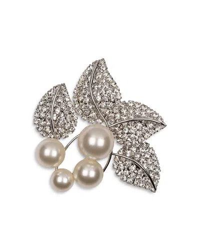 Jennifer Behr Blance Pave & Imitation Pearl Leaf Brooch In Silver