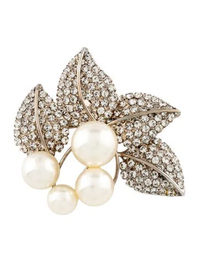 Pre-owned Jennifer Behr Faux Pearl & Crystal Leaf Brooch Pin In Multicolor