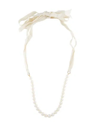 Pre-owned Jennifer Behr Faux Pearl & Ribbon Tie Collar Necklace, 45" In White