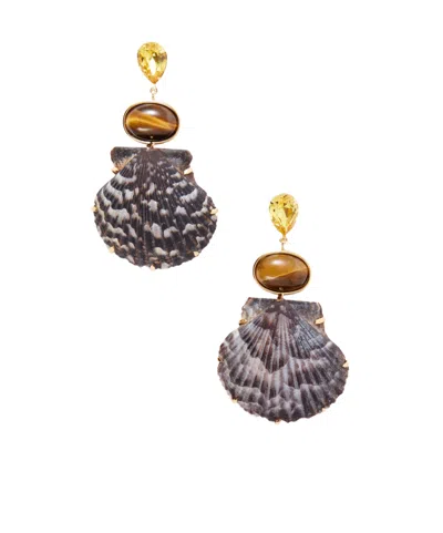 Jennifer Behr Augustine Gold-tone Crystal And Tiger Eye-embellished Seashell Earrings In Brown