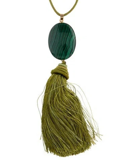 Pre-owned Jennifer Behr Green Stone, Cord & Silk Tassel 'robin' Pendant Lariat Necklace, 38"