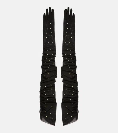 Jennifer Behr Leontyne Embellished Ruched Gloves In Black