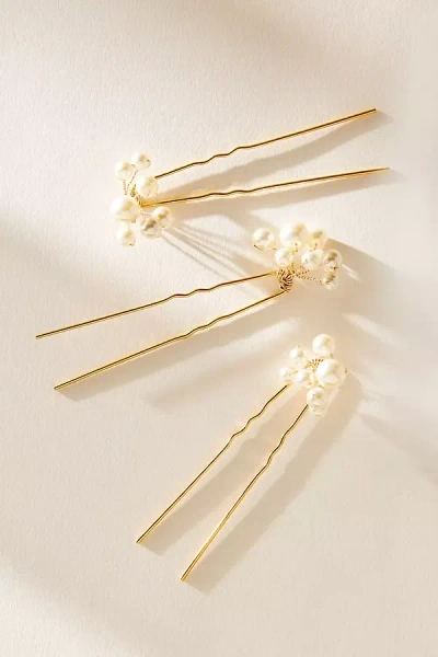 Jennifer Behr Primavera Pearl Hair Pins, Set Of 3 In Gold