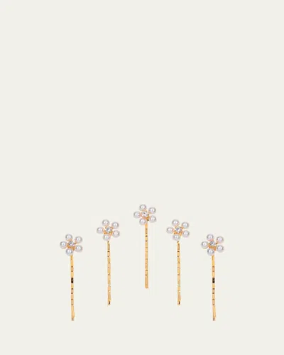 Jennifer Behr Zaya Set Of 5 Floral Pearly Bobby Pins In Gold