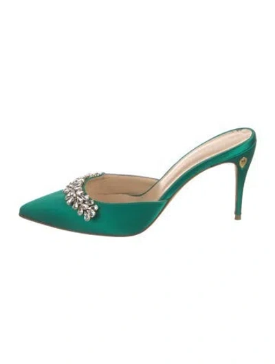 Pre-owned Jennifer Chamandi Satin Crystal Embellishments Mules In Green