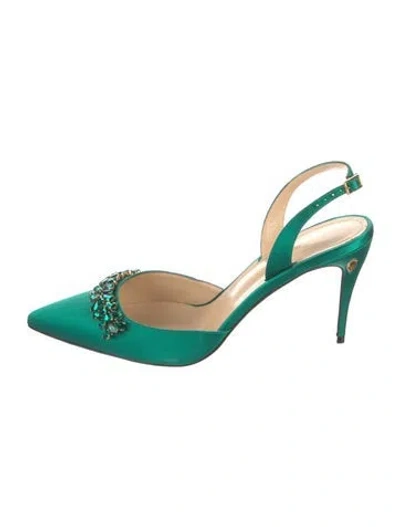 Pre-owned Jennifer Chamandi Satin Crystal Embellishments Slingback Pumps In Green