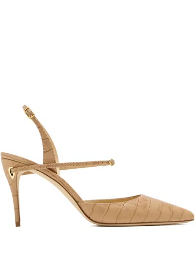 Jennifer Chamandi Vittorio Crocodile-effect Buckled Pumps In Neutral