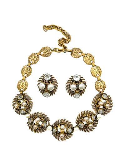 Pre-owned Jennifer Gibson Jewellery 1940s Joseff Of Hollywood Pearl & Paste Demi Parure Necklace And Earrings In Gold