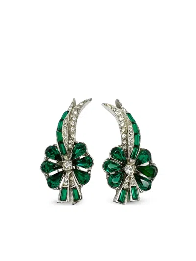 Pre-owned Jennifer Gibson Jewellery 1950s  Emerald Paste Floral Clip-on Earrings In 银色
