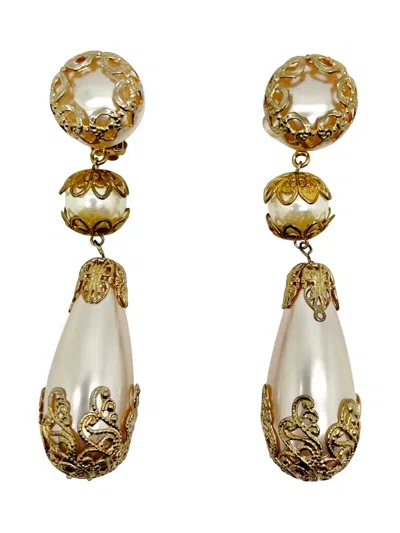Pre-owned Jennifer Gibson Jewellery 1980s Filigree-overlay Pearl Earrings In Gold