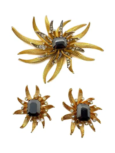 Pre-owned Jennifer Gibson Jewellery Vintage Stylised Haematite Chrysanthemum Earrings Set In Gold
