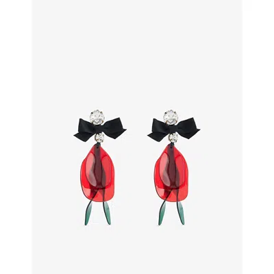 Jennifer Gibson Jewellery Womens Gunmetal Pre-loved Marni Bow Top Leaf Metal And Crystal Bow Drop Earrings In Red