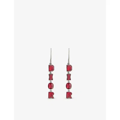 Jennifer Gibson Jewellery Womens Pre-loved Dior Spellout Gunmetal And Glass Crystal Ruby Drop Earrings In Red