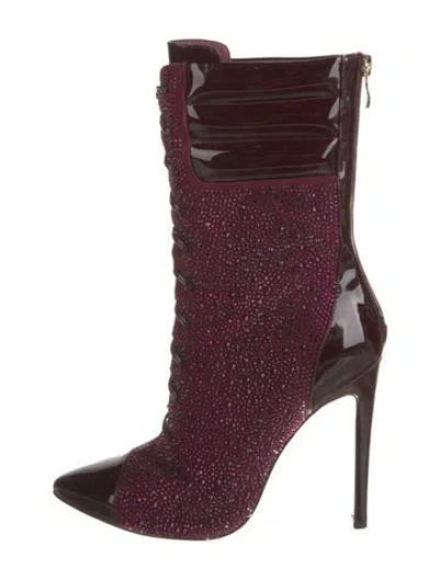 Pre-owned Jennifer Le Crystal Colorblock Pattern Lace-up Boots In Burgundy