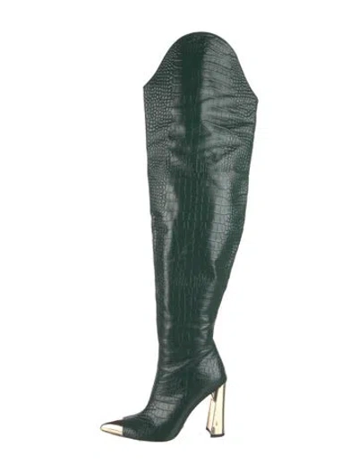 Pre-owned Jennifer Le Embossed Leather Animal Print Boots In Green