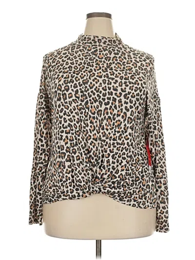 Pre-owned Jennifer Lopez Long Sleeve Top Tan Animal Print Pattern Tie Neck Tops