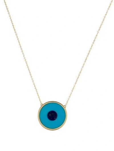 Pre-owned Jennifer Meyer 18k & 14k Turquoise & Lapis Lazuli Inlay Evil Eye Pendant Necklace, 16" In Multi