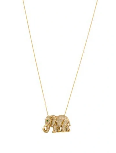 Pre-owned Jennifer Meyer 18k Emerald & Diamond Elephant Pendant Necklace, 22" In Multi