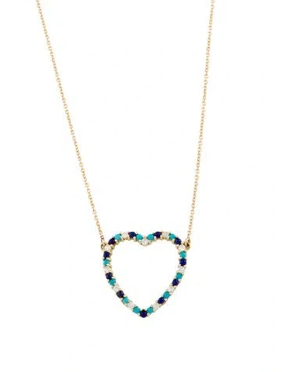 Pre-owned Jennifer Meyer 18k Large Diamond, Turquoise And Lapis Open Heart Necklace, 16" In Multi