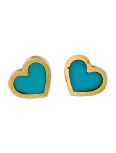 Pre-owned Jennifer Meyer 18k Turquoise Inlay Heart Studs In Multicolor