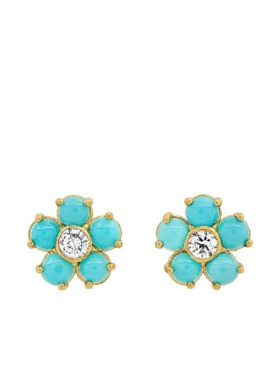 Jennifer Meyer 18k Yellow Gold Diamond Turquoise Flower Earrings In Brown