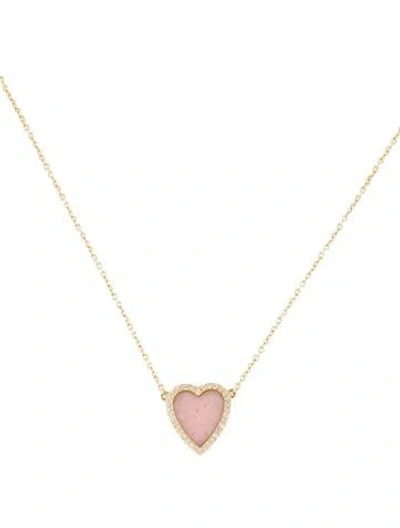 Pre-owned Jennifer Meyer Mini Pink Opal Inlay & Diamond Heart Pendant Necklace, .5"