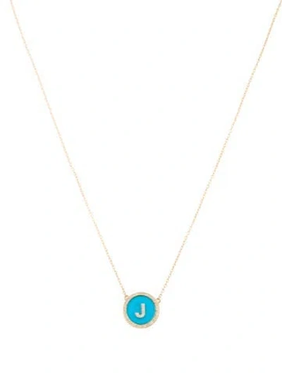 Pre-owned Jennifer Meyer Turquoise & Diamond 'j' Pendant Necklace, 17.5" In Multicolor