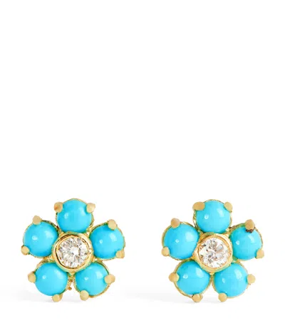 Jennifer Meyer Yellow Gold, Diamond And Turquoise Flower Stud Earrings
