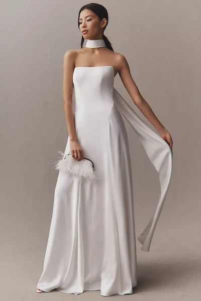 Jenny By Jenny Yoo Addilyn Strapless Neck-scarf Drop-waist Satin Wedding Gown In White