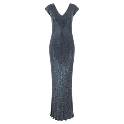 Pre-owned Jenny Packham 2000s  Navy White Sequin And Beaded Column Dress