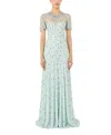Jenny Packham Beaded Short Sleeve Maxi Dress In Blue