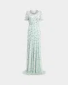 Jenny Packham Ambiance Embellished Flutter-sleeve Trumpet Gown In Blue