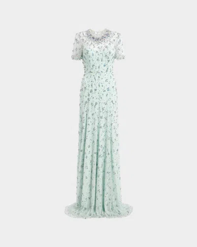 JENNY PACKHAM AMBIANCE EMBELLISHED FLUTTER-SLEEVE TRUMPET GOWN